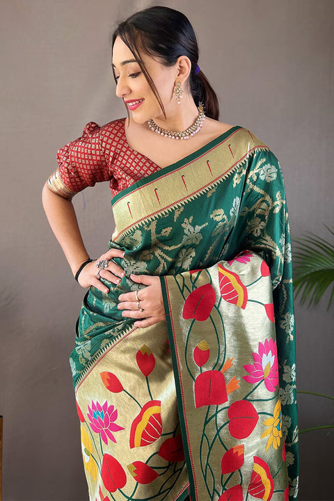 VastraLakshmi Energetic Dark Green Paithani Silk Saree With Deserving Blouse Piece