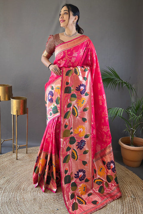 VastraLakshmi Lovely Dark Pink Paithani Silk Saree With Mesmerising Blouse Piece