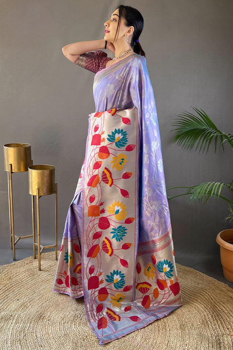 VastraLakshmi Elegant Lavender Paithani Silk Saree With Gleaming Blouse Piece