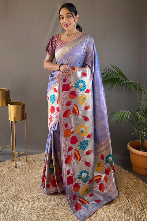 VastraLakshmi Elegant Lavender Paithani Silk Saree With Gleaming Blouse Piece