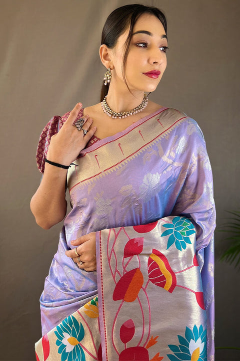 VastraLakshmi Elegant Lavender Paithani Silk Saree With Gleaming Blouse Piece