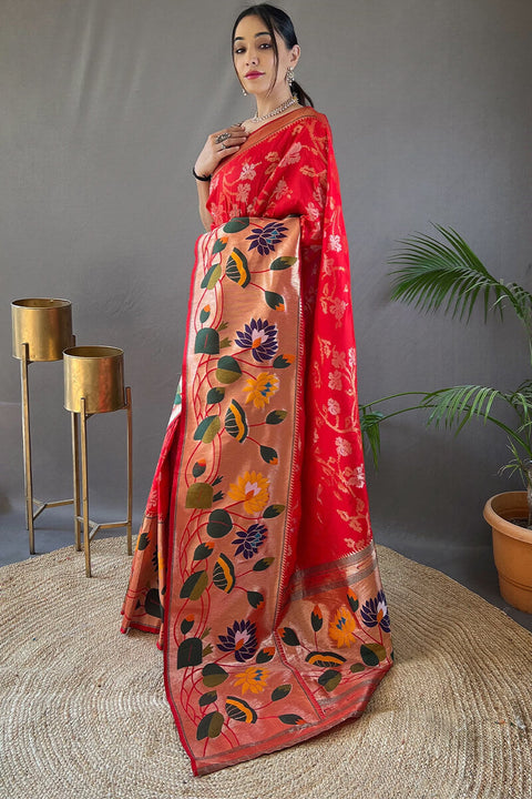 VastraLakshmi Engrossing Red Paithani Silk Saree With Hypnotic Blouse Piece