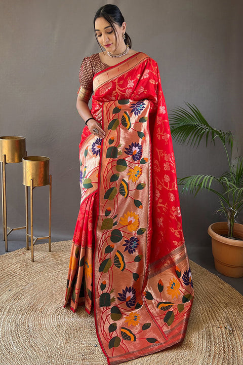 VastraLakshmi Engrossing Red Paithani Silk Saree With Hypnotic Blouse Piece