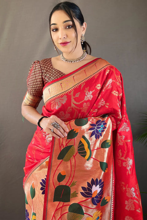 VastraLakshmi Engrossing Red Paithani Silk Saree With Hypnotic Blouse Piece