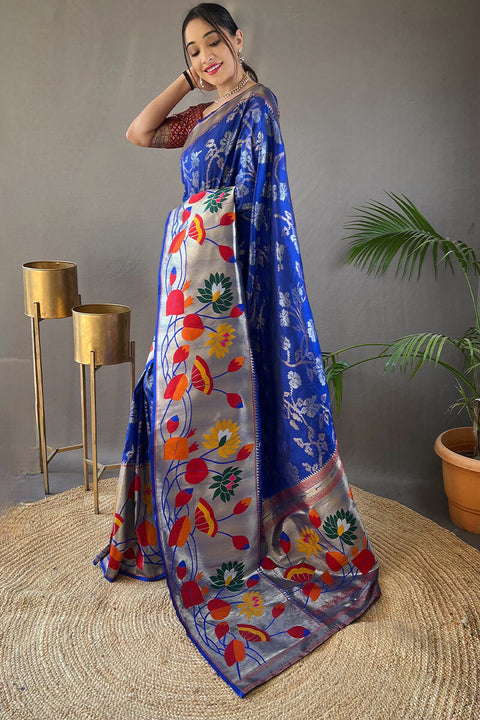 VastraLakshmi Opulent Royal Blue Paithani Silk Saree With Preferable Blouse Piece