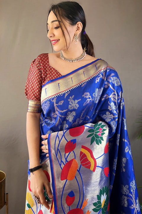 VastraLakshmi Opulent Royal Blue Paithani Silk Saree With Preferable Blouse Piece