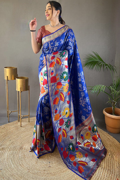 VastraLakshmi Opulent Royal Blue Paithani Silk Saree With Preferable Blouse Piece