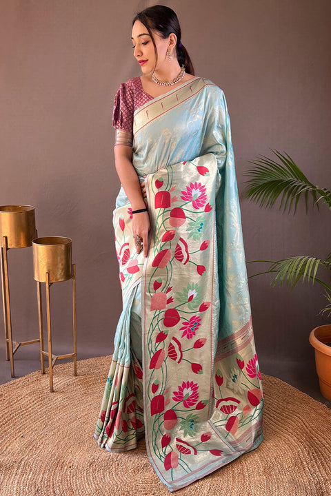 VastraLakshmi Glorious Sky Paithani Silk Saree With Fairytale Blouse Piece