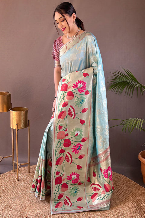 VastraLakshmi Glorious Sky Paithani Silk Saree With Fairytale Blouse Piece