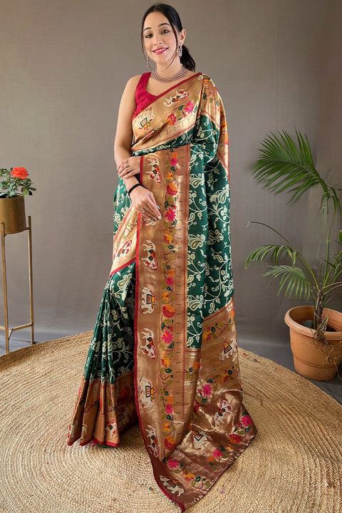 VastraLakshmi Ornate Dark Green Paithani Silk Saree With Enamoring Blouse Piece