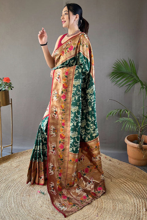 VastraLakshmi Ornate Dark Green Paithani Silk Saree With Enamoring Blouse Piece