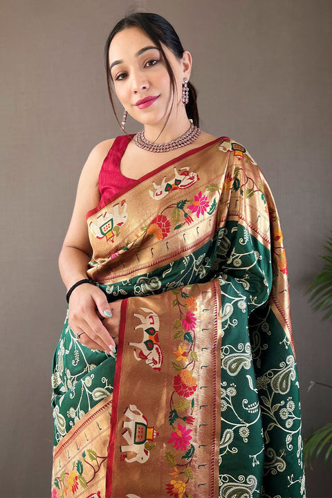 VastraLakshmi Ornate Dark Green Paithani Silk Saree With Enamoring Blouse Piece