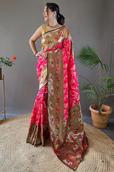 VastraLakshmi Proficient Dark Pink Paithani Silk Saree With Exuberant Blouse Piece