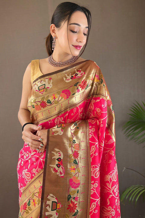 VastraLakshmi Proficient Dark Pink Paithani Silk Saree With Exuberant Blouse Piece