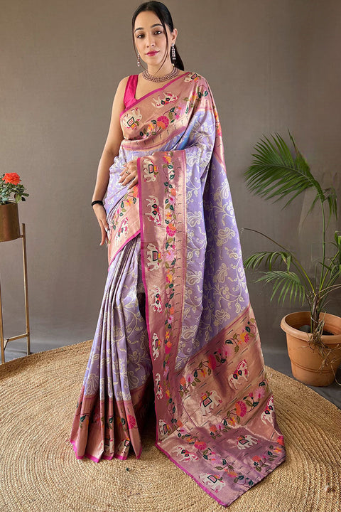 VastraLakshmi Engaging Lavender Paithani Silk Saree With Serendipity Blouse Piece