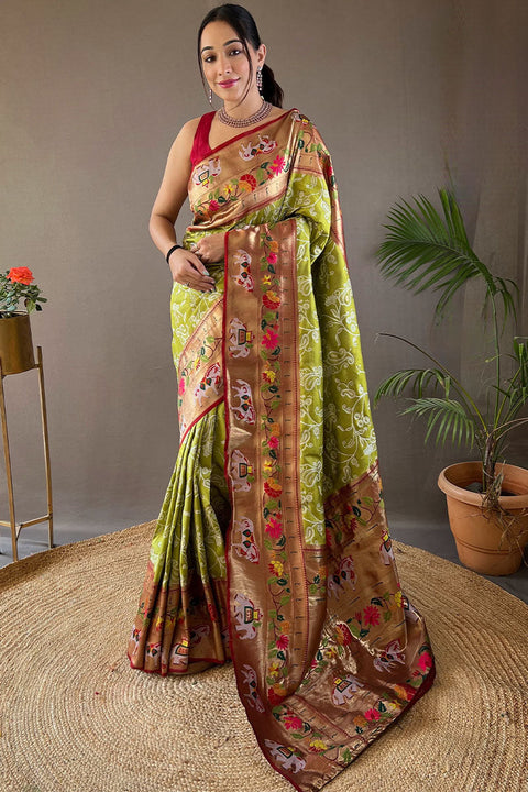 VastraLakshmi Lassitude Mehndi Paithani Silk Saree With Demure Blouse Piece