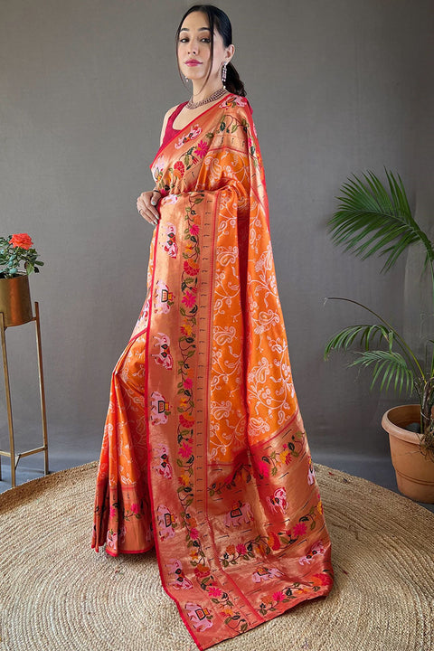 VastraLakshmi Ideal Orange Paithani Silk Saree With Adoring Blouse Piece