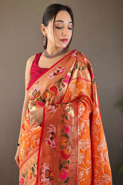 VastraLakshmi Ideal Orange Paithani Silk Saree With Adoring Blouse Piece