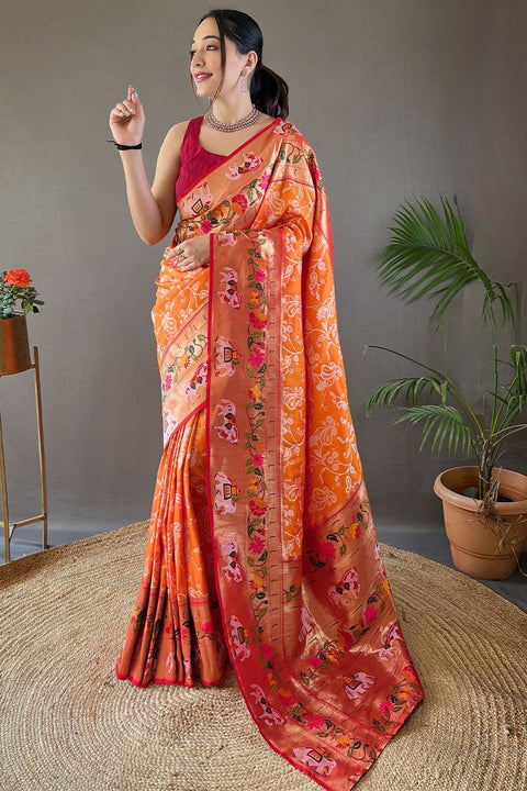 VastraLakshmi Ideal Orange Paithani Silk Saree With Adoring Blouse Piece