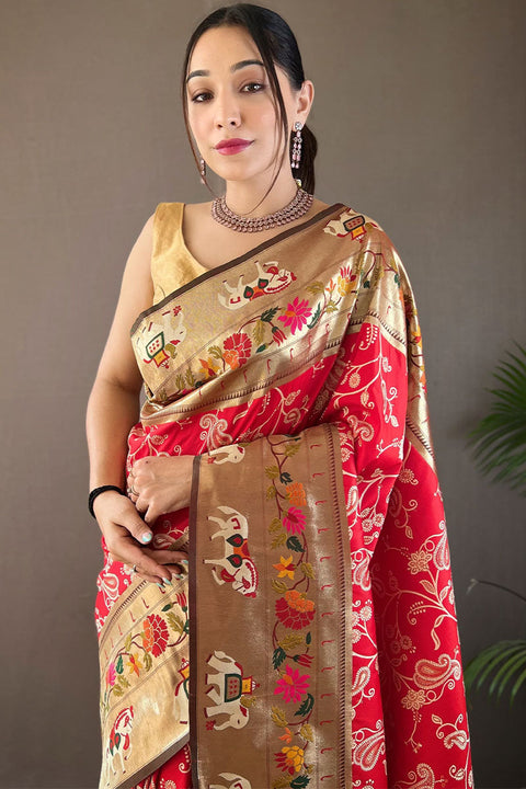 VastraLakshmi Stunning Red Paithani Silk Saree With Deserving Blouse Piece