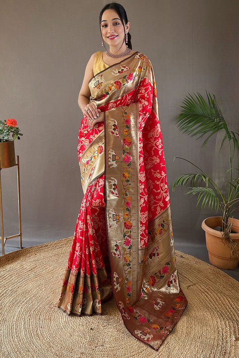 VastraLakshmi Stunning Red Paithani Silk Saree With Deserving Blouse Piece