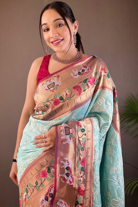 VastraLakshmi Wonderful Sky Paithani Silk Saree With Energetic Blouse Piece