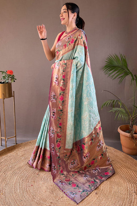 VastraLakshmi Wonderful Sky Paithani Silk Saree With Energetic Blouse Piece