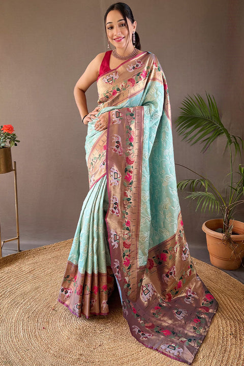 VastraLakshmi Wonderful Sky Paithani Silk Saree With Energetic Blouse Piece