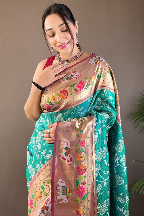 VastraLakshmi Precious Turquoise Paithani Silk Saree With Pretty Blouse Piece