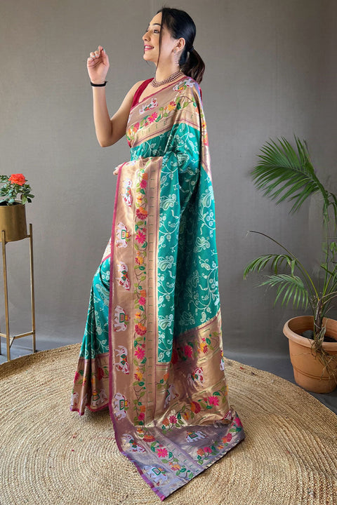 VastraLakshmi Precious Turquoise Paithani Silk Saree With Pretty Blouse Piece