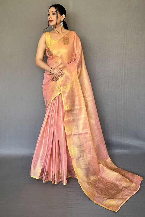 VastraLakshmi Quixotic Baby Pink Soft Banarasi Tissue Silk Saree With Embellished  Blouse Piece