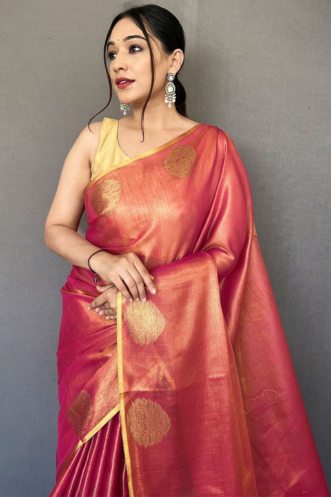 VastraLakshmi Scintillating Dark Pink Soft Banarasi Tissue Silk Saree With Enthralling Blouse Piece