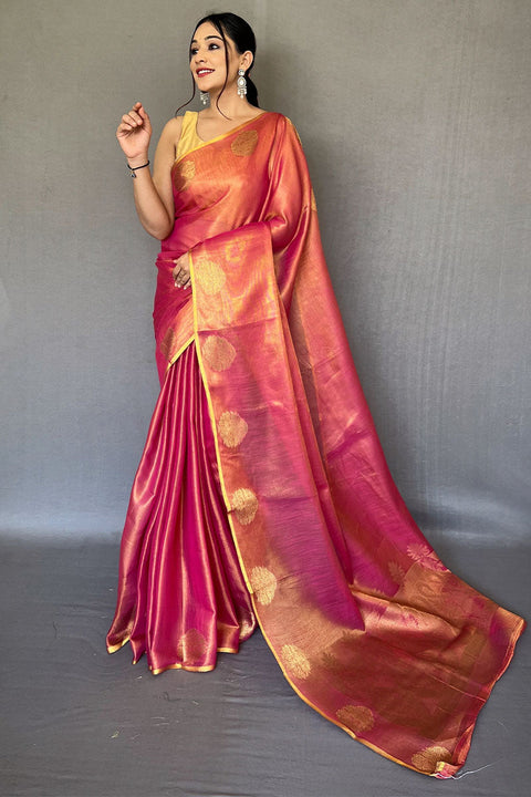 VastraLakshmi Scintillating Dark Pink Soft Banarasi Tissue Silk Saree With Enthralling Blouse Piece