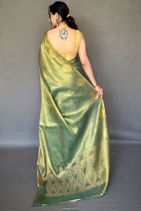 VastraLakshmi Ineffable Green Soft Banarasi Tissue Silk Saree With Nectarous Blouse Piece