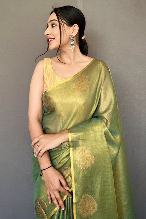 VastraLakshmi Ineffable Green Soft Banarasi Tissue Silk Saree With Nectarous Blouse Piece