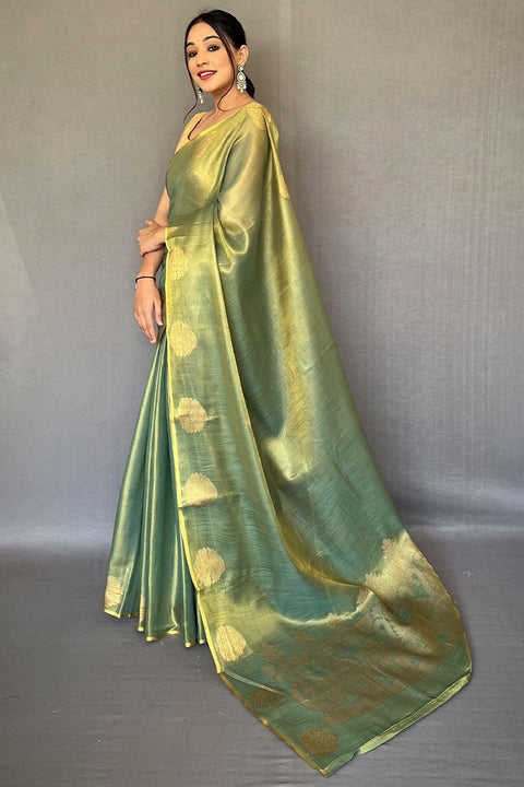 VastraLakshmi Ineffable Green Soft Banarasi Tissue Silk Saree With Nectarous Blouse Piece