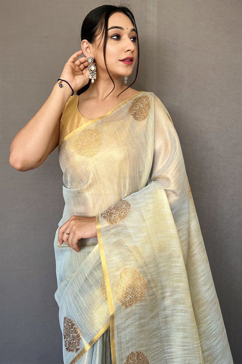 VastraLakshmi Enthralling Grey Soft Banarasi Tissue Silk Saree With Tantalizing Blouse Piece