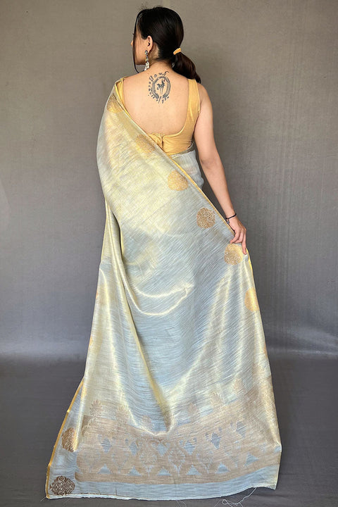 VastraLakshmi Enthralling Grey Soft Banarasi Tissue Silk Saree With Tantalizing Blouse Piece