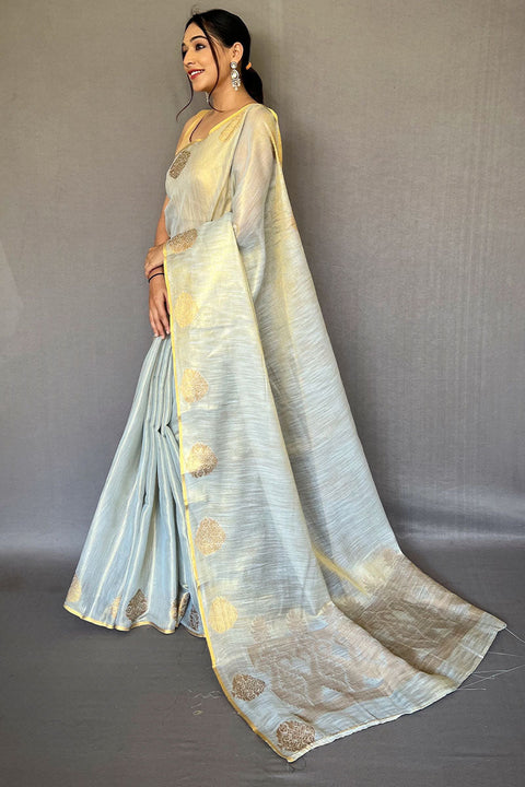 VastraLakshmi Enthralling Grey Soft Banarasi Tissue Silk Saree With Tantalizing Blouse Piece