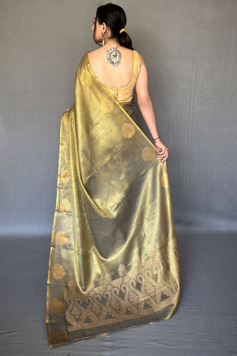 VastraLakshmi Aplomb Mehndi Soft Banarasi Tissue Silk Saree With Scintillating Blouse Piece