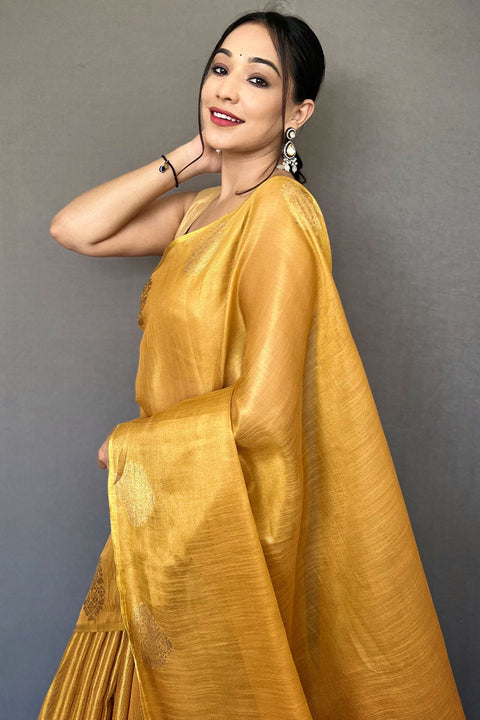 VastraLakshmi Vivacious Mustard Soft Banarasi Tissue Silk Saree With Inimitable Blouse Piece