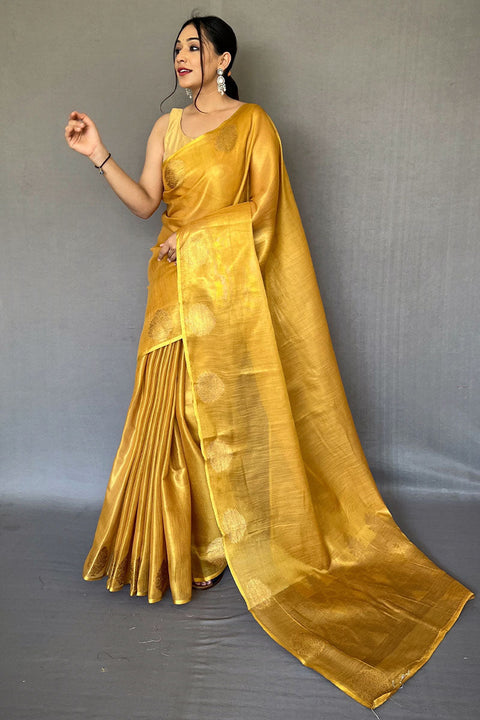 VastraLakshmi Vivacious Mustard Soft Banarasi Tissue Silk Saree With Inimitable Blouse Piece