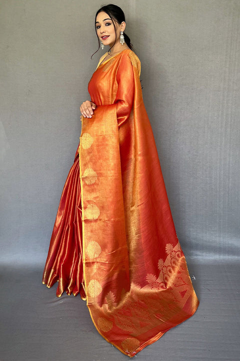 VastraLakshmi Opulent Orange Soft Banarasi Tissue Silk Saree With Luminous Blouse Piece