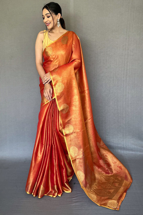 VastraLakshmi Opulent Orange Soft Banarasi Tissue Silk Saree With Luminous Blouse Piece