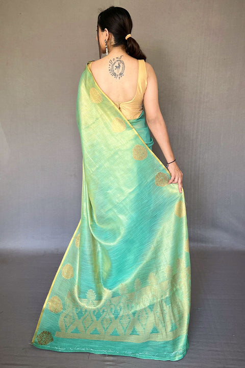 VastraLakshmi Grandiose Turquoise Soft Banarasi Tissue Silk Saree With Verdant Blouse Piece