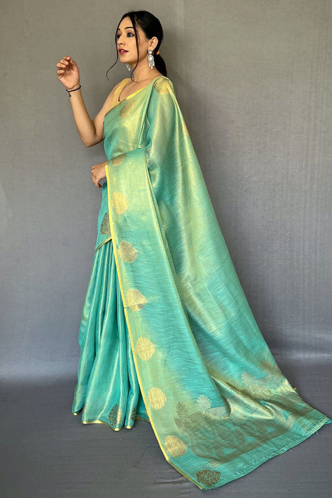 VastraLakshmi Grandiose Turquoise Soft Banarasi Tissue Silk Saree With Verdant Blouse Piece