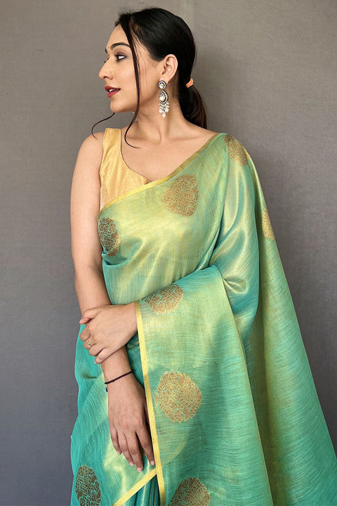 VastraLakshmi Grandiose Turquoise Soft Banarasi Tissue Silk Saree With Verdant Blouse Piece