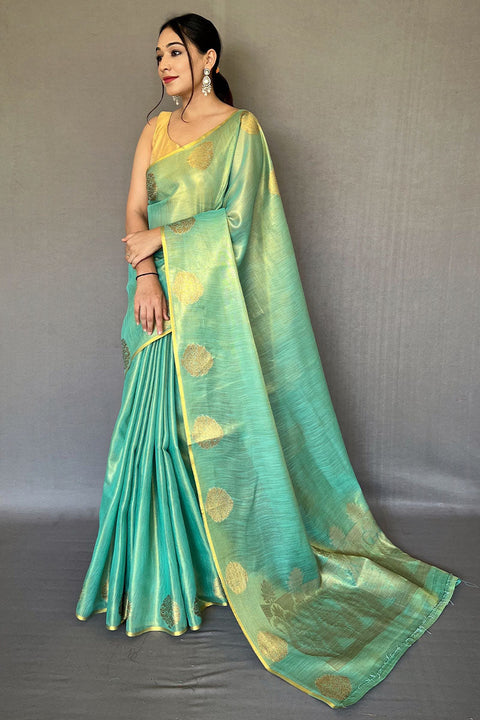 VastraLakshmi Grandiose Turquoise Soft Banarasi Tissue Silk Saree With Verdant Blouse Piece