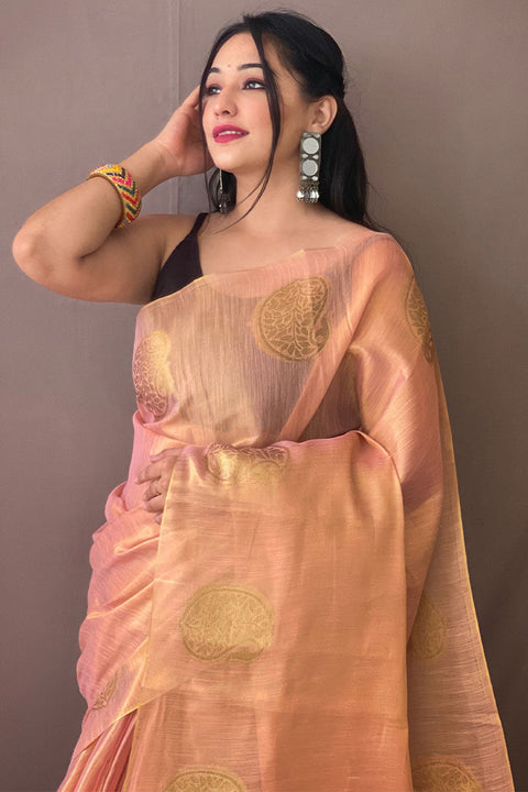 VastraLakshmi Trendy Baby Pink Soft Banarasi Tissue Silk Saree With Flattering Blouse Piece