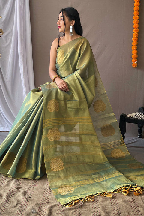 VastraLakshmi Precious Green Soft Banarasi Tissue Silk Saree With Stylish Blouse Piece